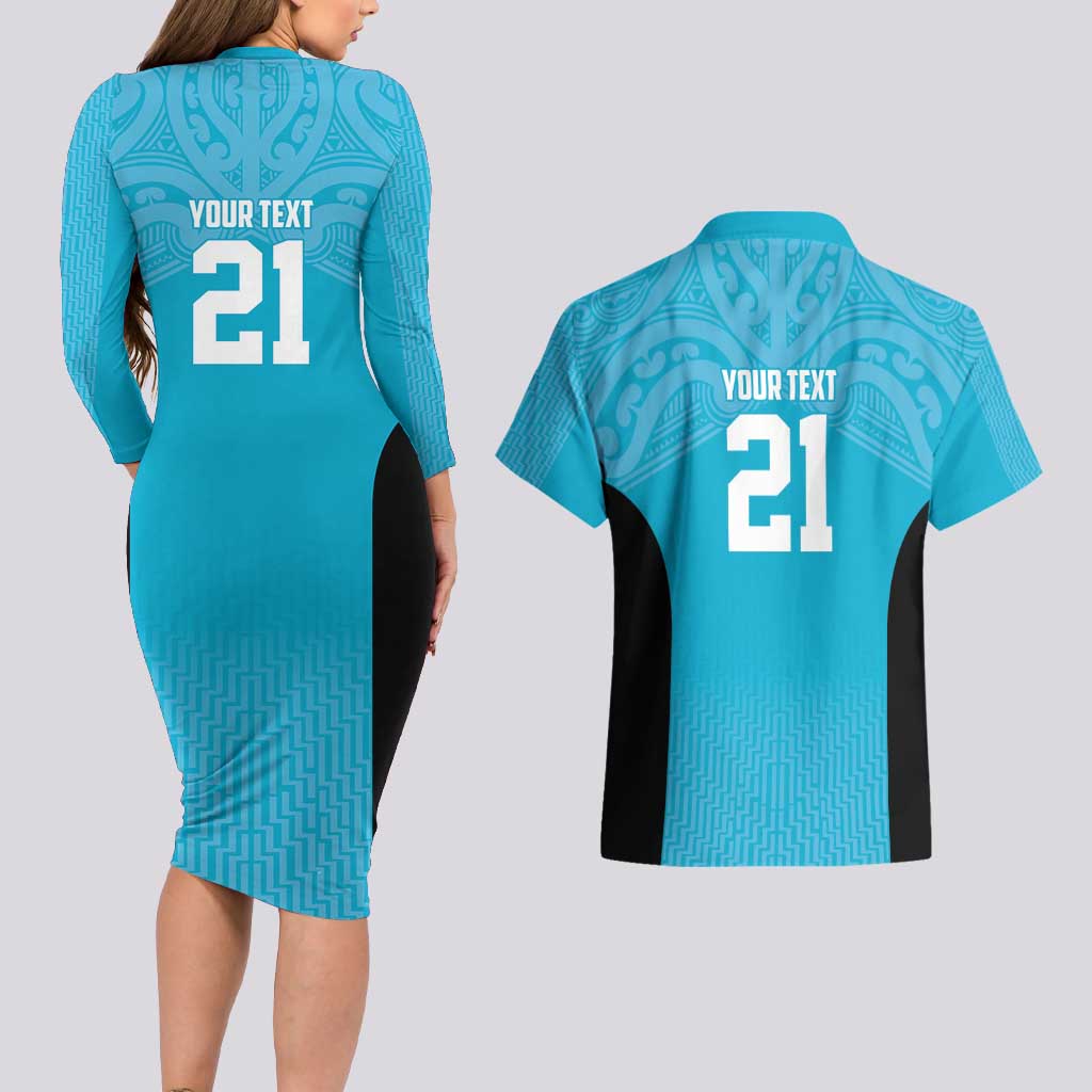 New Zealand Custom Couples Matching Long Sleeve Bodycon Dress and Hawaiian Shirt Fire Basketball Maori Tribal Sky Blue - Aussie Hoodie