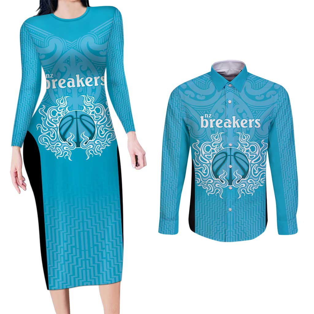 New Zealand Custom Couples Matching Long Sleeve Bodycon Dress and Long Sleeve Button Shirt Fire Basketball Maori Tribal Sky Blue - Aussie Hoodie