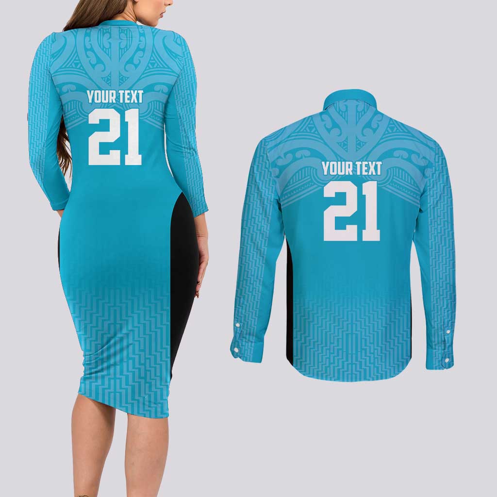 New Zealand Custom Couples Matching Long Sleeve Bodycon Dress and Long Sleeve Button Shirt Fire Basketball Maori Tribal Sky Blue - Aussie Hoodie