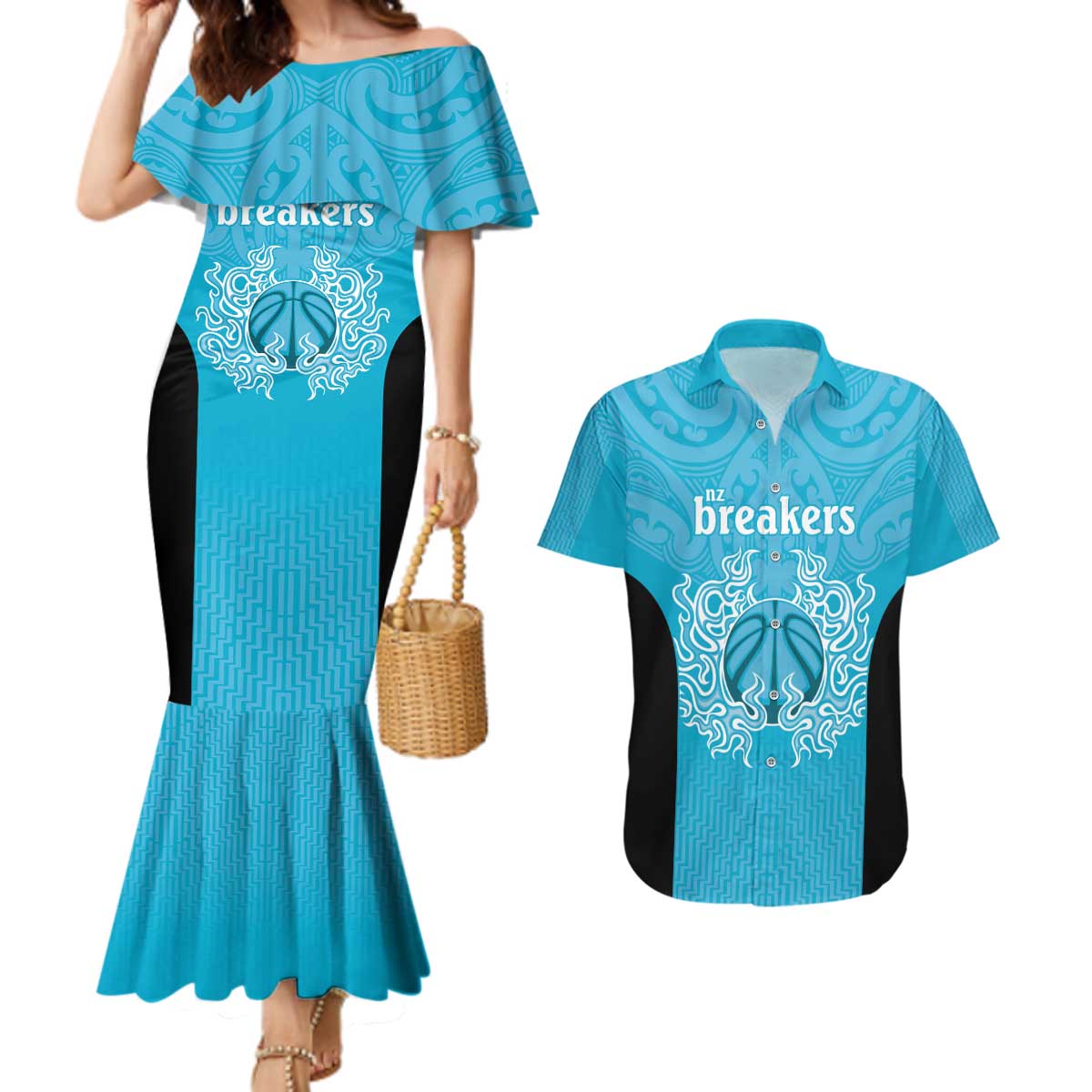 New Zealand Custom Couples Matching Mermaid Dress and Hawaiian Shirt Fire Basketball Maori Tribal Sky Blue - Aussie Hoodie