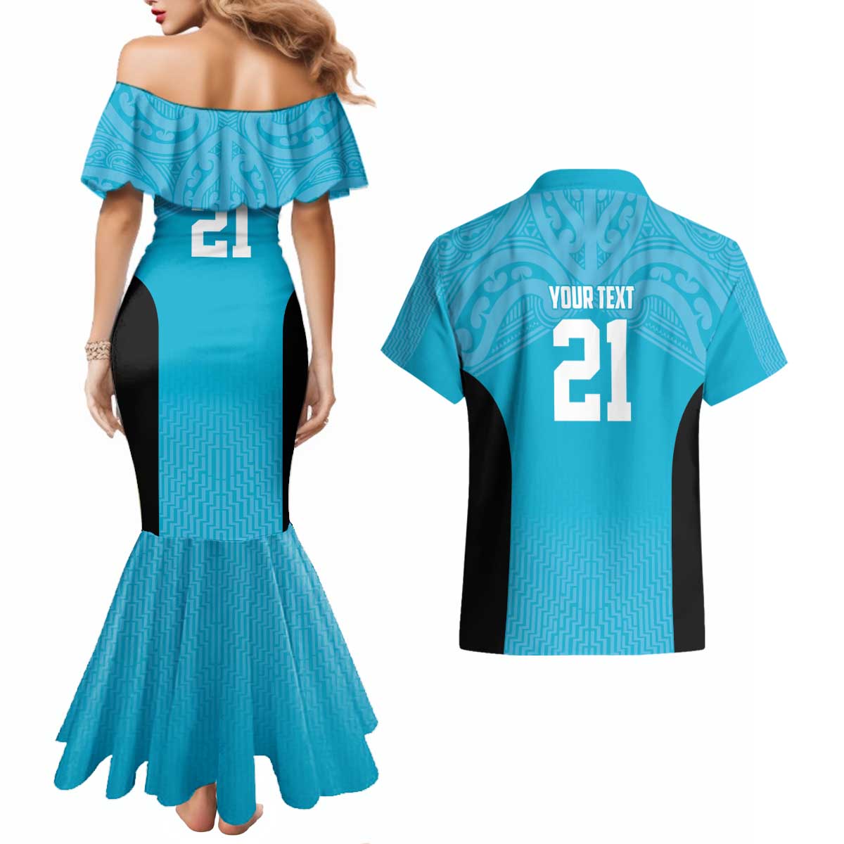 New Zealand Custom Couples Matching Mermaid Dress and Hawaiian Shirt Fire Basketball Maori Tribal Sky Blue - Aussie Hoodie