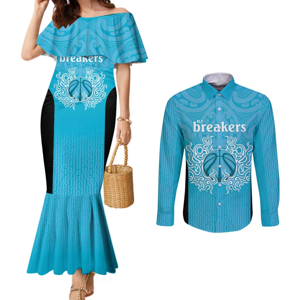 New Zealand Custom Couples Matching Mermaid Dress and Long Sleeve Button Shirt Fire Basketball Maori Tribal Sky Blue - Aussie Hoodie