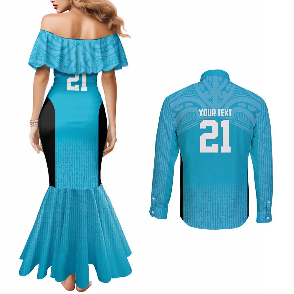 New Zealand Custom Couples Matching Mermaid Dress and Long Sleeve Button Shirt Fire Basketball Maori Tribal Sky Blue - Aussie Hoodie