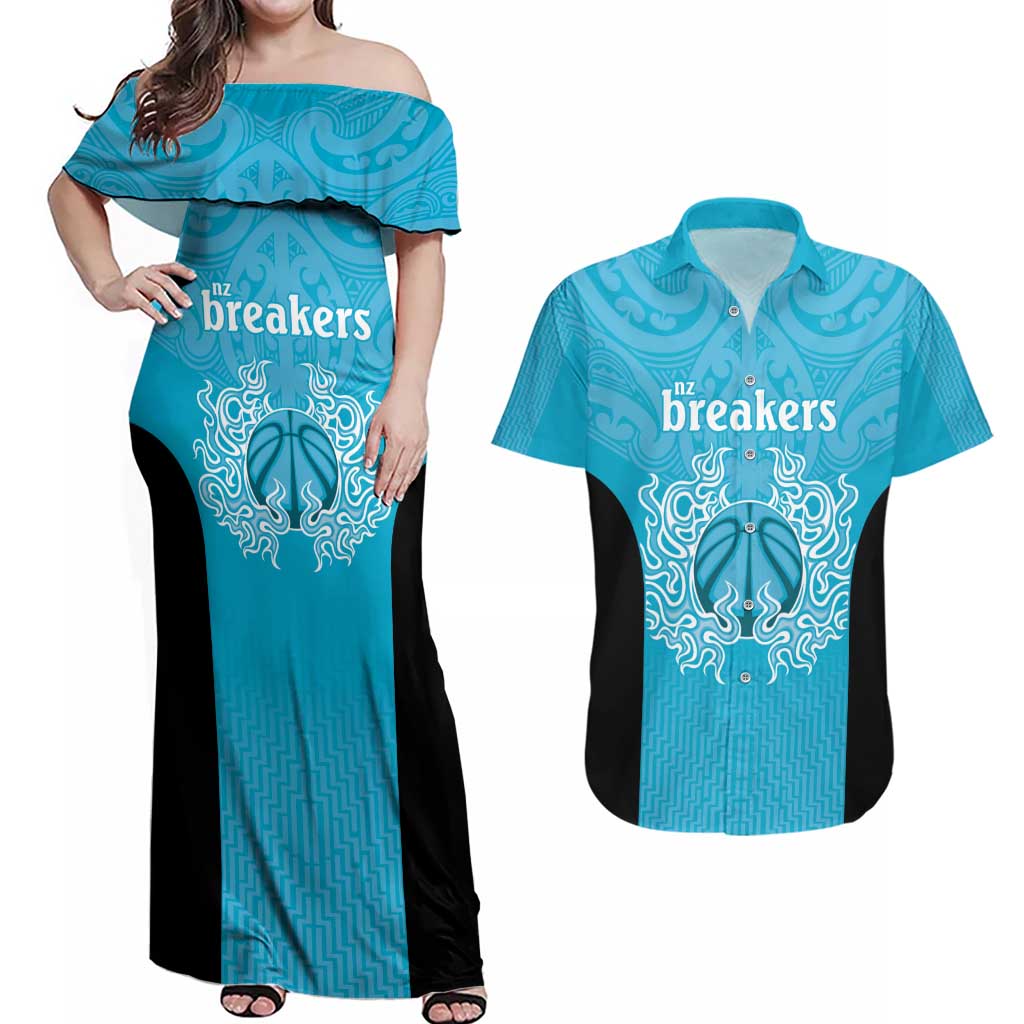 New Zealand Custom Couples Matching Off Shoulder Maxi Dress and Hawaiian Shirt Fire Basketball Maori Tribal Sky Blue - Aussie Hoodie