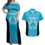 New Zealand Custom Couples Matching Off Shoulder Maxi Dress and Hawaiian Shirt Fire Basketball Maori Tribal Sky Blue - Aussie Hoodie