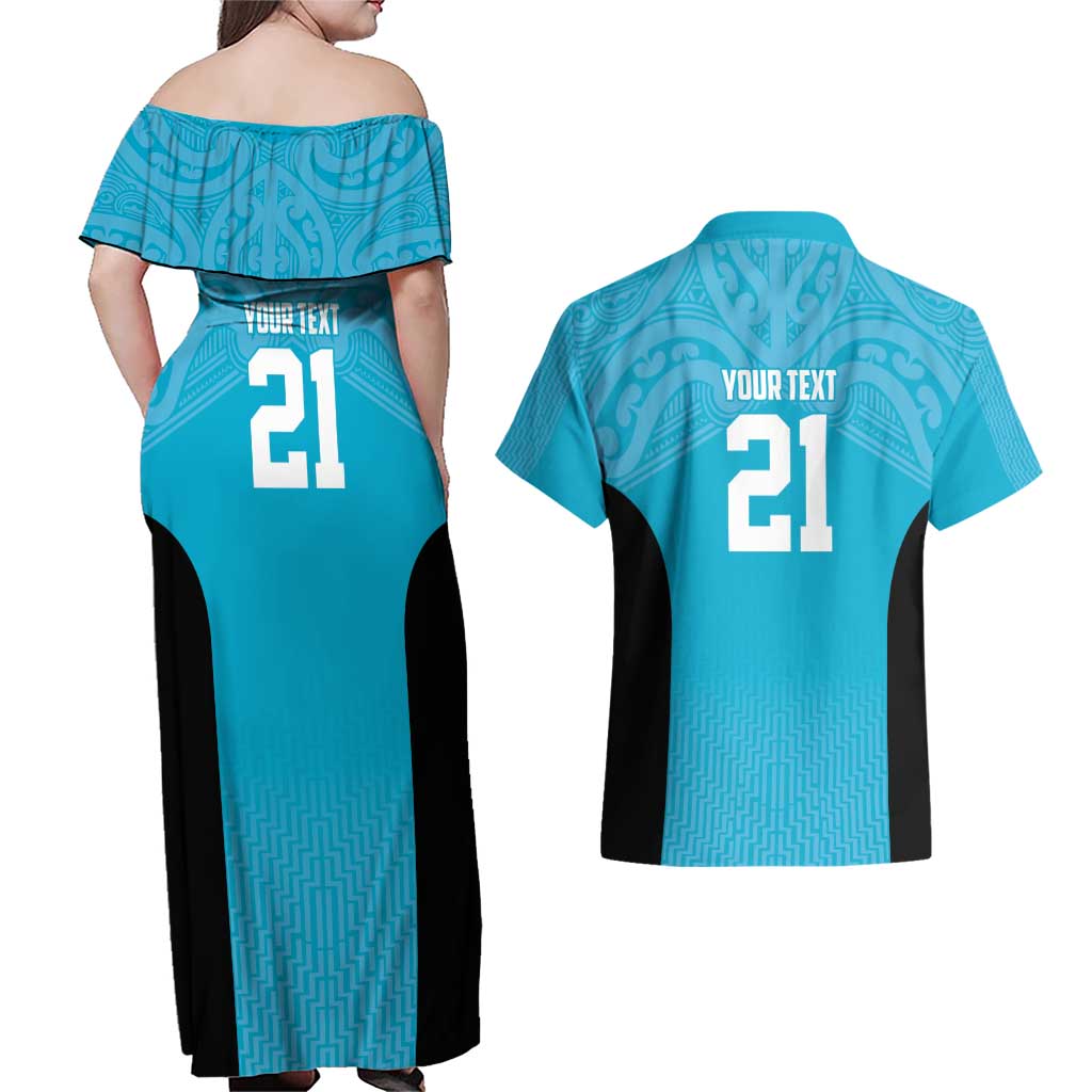 New Zealand Custom Couples Matching Off Shoulder Maxi Dress and Hawaiian Shirt Fire Basketball Maori Tribal Sky Blue - Aussie Hoodie