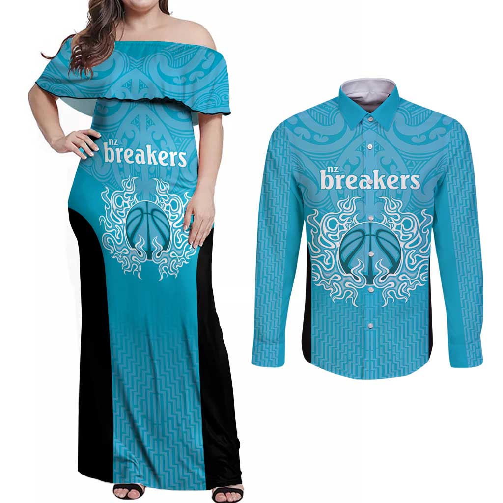 New Zealand Custom Couples Matching Off Shoulder Maxi Dress and Long Sleeve Button Shirt Fire Basketball Maori Tribal Sky Blue - Aussie Hoodie