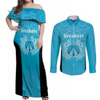 New Zealand Custom Couples Matching Off Shoulder Maxi Dress and Long Sleeve Button Shirt Fire Basketball Maori Tribal Sky Blue - Aussie Hoodie