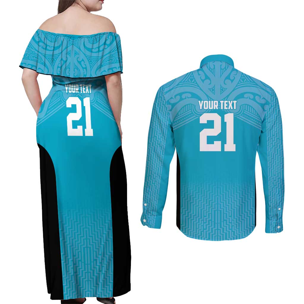 New Zealand Custom Couples Matching Off Shoulder Maxi Dress and Long Sleeve Button Shirt Fire Basketball Maori Tribal Sky Blue - Aussie Hoodie