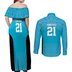 New Zealand Custom Couples Matching Off Shoulder Maxi Dress and Long Sleeve Button Shirt Fire Basketball Maori Tribal Sky Blue - Aussie Hoodie