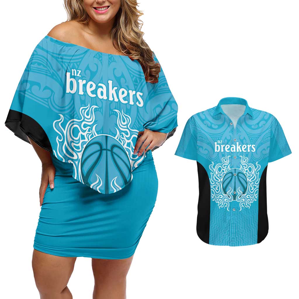 New Zealand Custom Couples Matching Off Shoulder Short Dress and Hawaiian Shirt Fire Basketball Maori Tribal Sky Blue - Aussie Hoodie