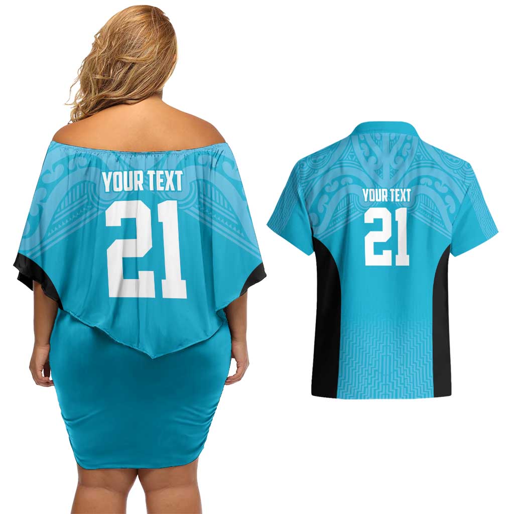 New Zealand Custom Couples Matching Off Shoulder Short Dress and Hawaiian Shirt Fire Basketball Maori Tribal Sky Blue - Aussie Hoodie