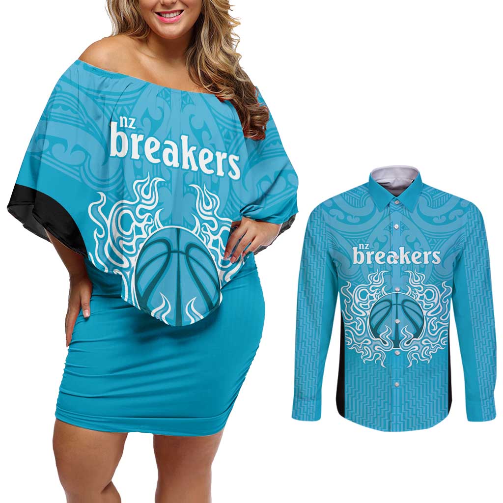 New Zealand Custom Couples Matching Off Shoulder Short Dress and Long Sleeve Button Shirt Fire Basketball Maori Tribal Sky Blue - Aussie Hoodie