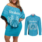 New Zealand Custom Couples Matching Off Shoulder Short Dress and Long Sleeve Button Shirt Fire Basketball Maori Tribal Sky Blue - Aussie Hoodie
