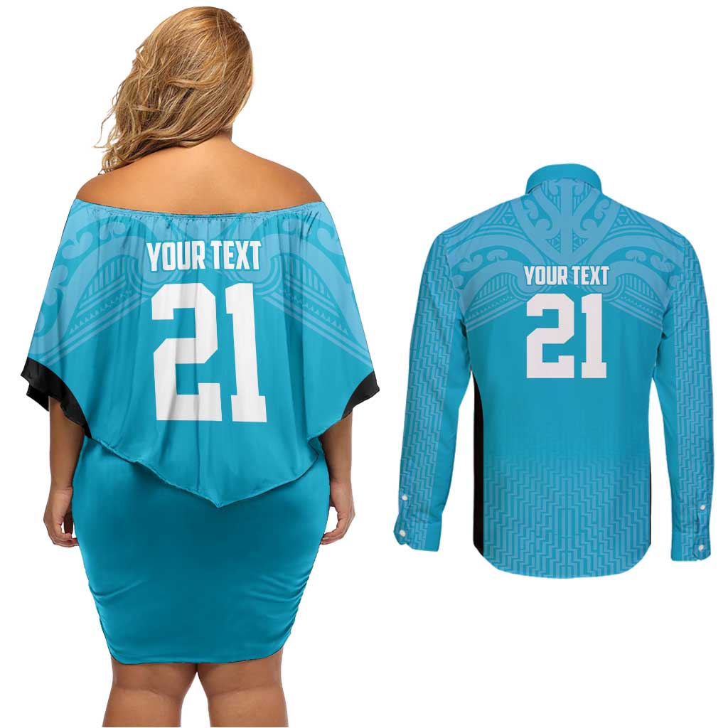 New Zealand Custom Couples Matching Off Shoulder Short Dress and Long Sleeve Button Shirt Fire Basketball Maori Tribal Sky Blue - Aussie Hoodie