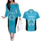 New Zealand Custom Couples Matching Off The Shoulder Long Sleeve Dress and Hawaiian Shirt Fire Basketball Maori Tribal Sky Blue - Aussie Hoodie