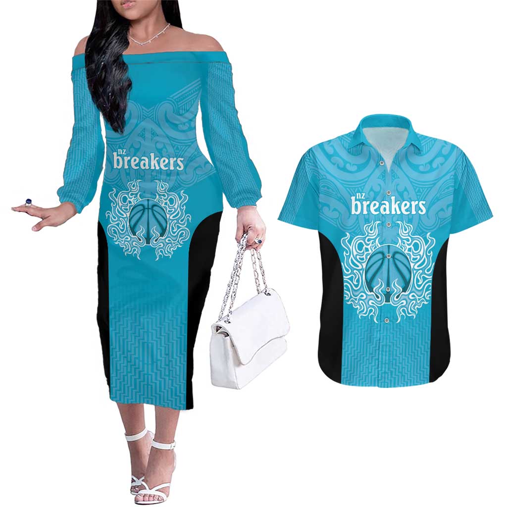 New Zealand Custom Couples Matching Off The Shoulder Long Sleeve Dress and Hawaiian Shirt Fire Basketball Maori Tribal Sky Blue - Aussie Hoodie