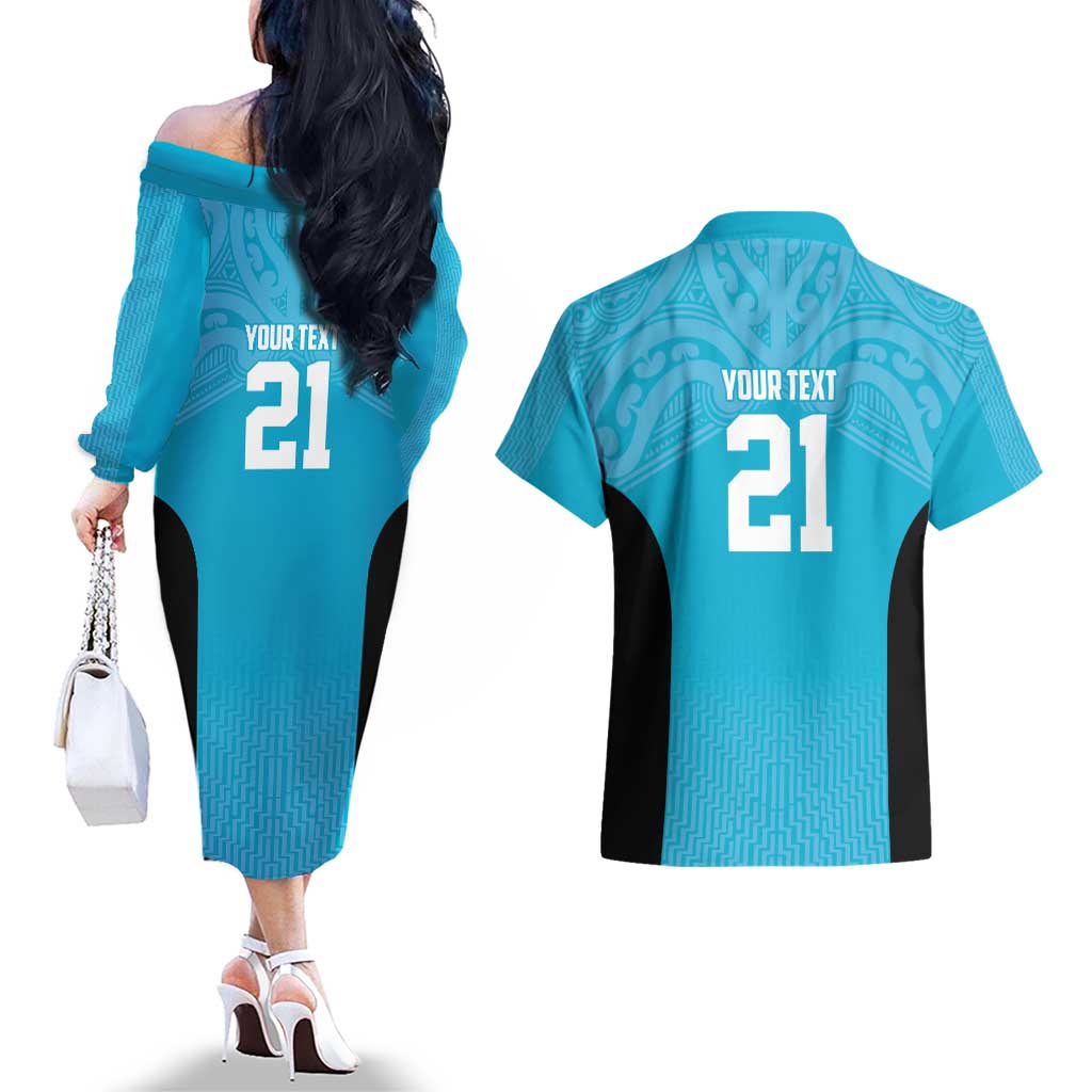 New Zealand Custom Couples Matching Off The Shoulder Long Sleeve Dress and Hawaiian Shirt Fire Basketball Maori Tribal Sky Blue - Aussie Hoodie