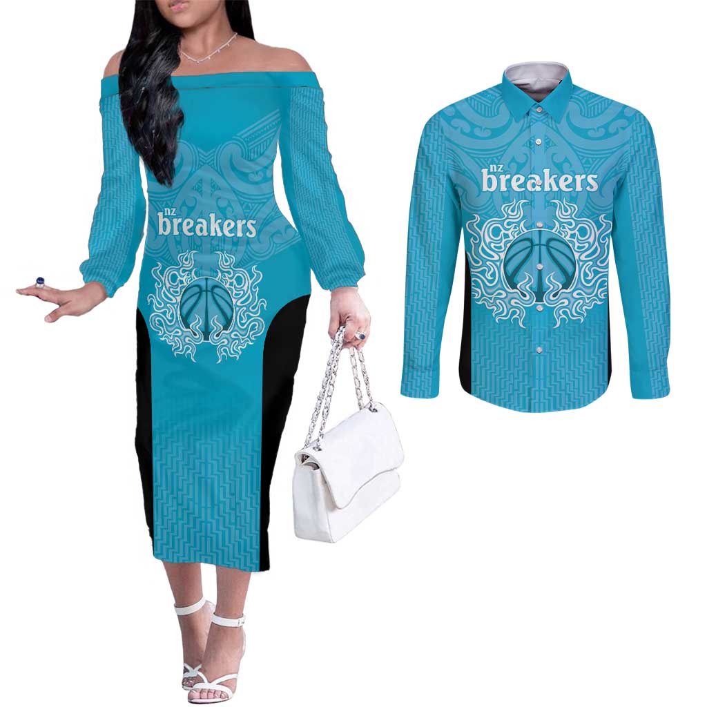 New Zealand Custom Couples Matching Off The Shoulder Long Sleeve Dress and Long Sleeve Button Shirt Fire Basketball Maori Tribal Sky Blue - Aussie Hoodie