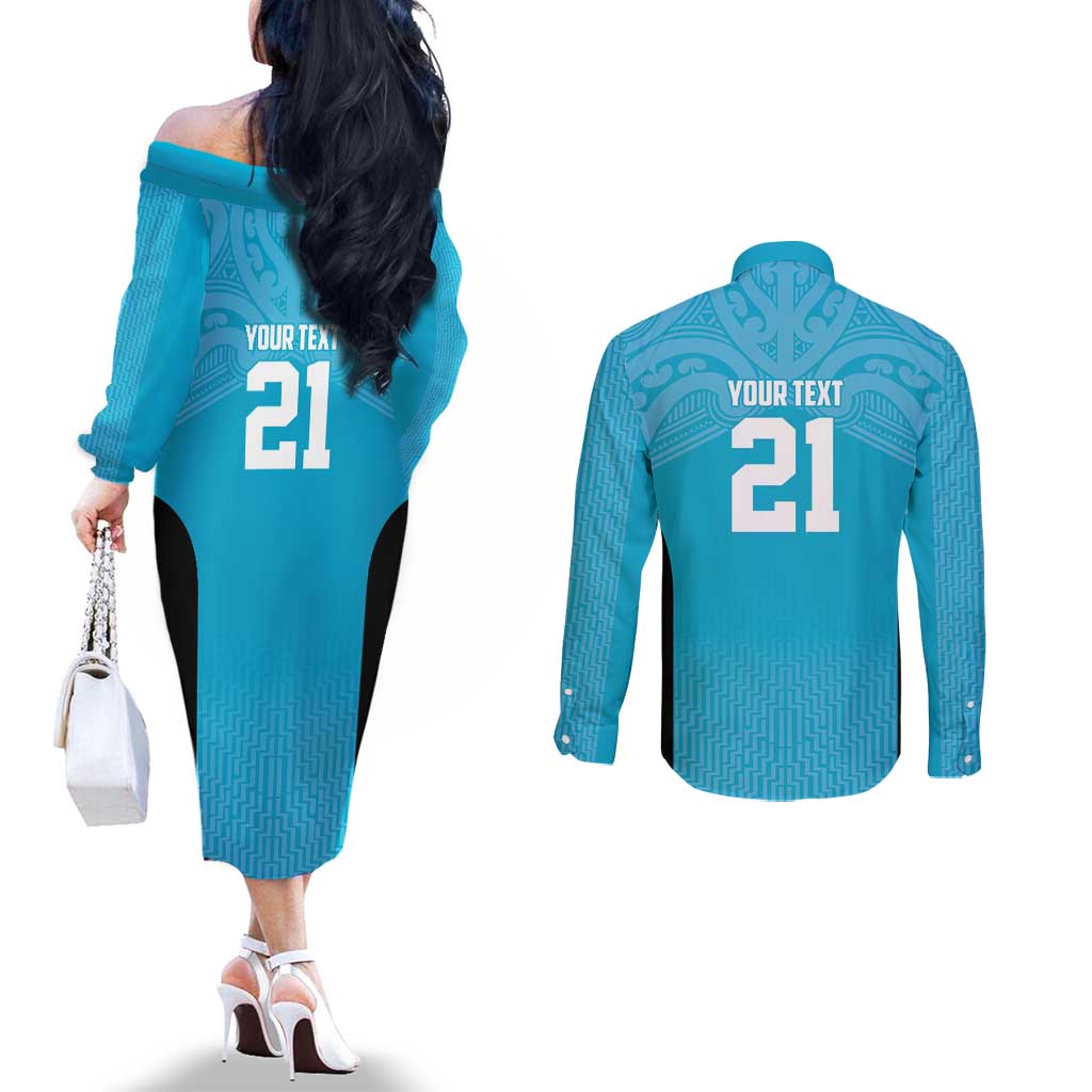 New Zealand Custom Couples Matching Off The Shoulder Long Sleeve Dress and Long Sleeve Button Shirt Fire Basketball Maori Tribal Sky Blue - Aussie Hoodie