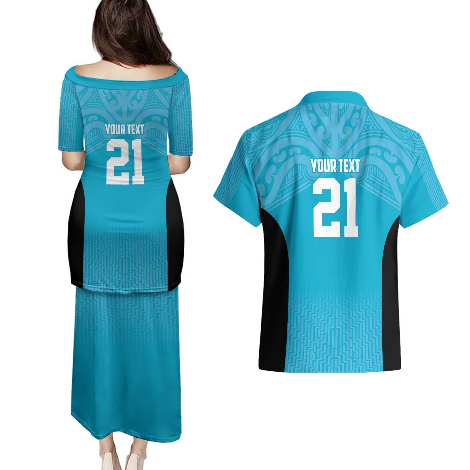New Zealand Custom Couples Matching Puletasi and Hawaiian Shirt Fire Basketball Maori Tribal Sky Blue - Aussie Hoodie