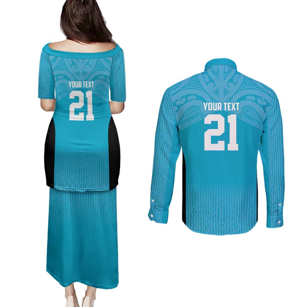 New Zealand Custom Couples Matching Puletasi and Long Sleeve Button Shirt Fire Basketball Maori Tribal Sky Blue - Aussie Hoodie