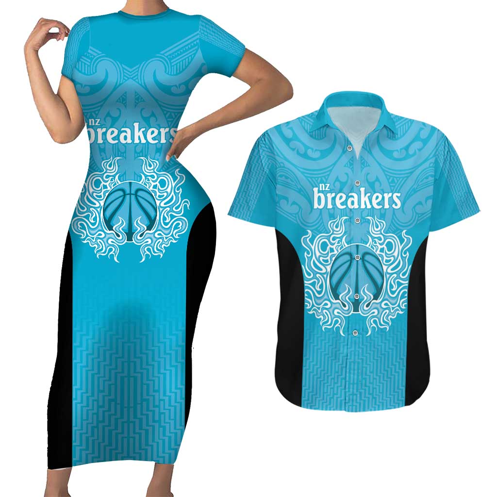New Zealand Custom Couples Matching Short Sleeve Bodycon Dress and Hawaiian Shirt Fire Basketball Maori Tribal Sky Blue - Aussie Hoodie