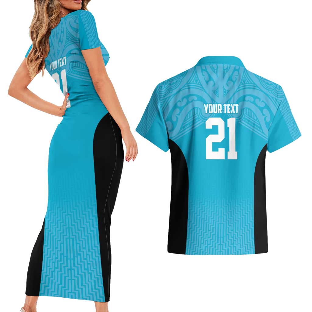 New Zealand Custom Couples Matching Short Sleeve Bodycon Dress and Hawaiian Shirt Fire Basketball Maori Tribal Sky Blue - Aussie Hoodie
