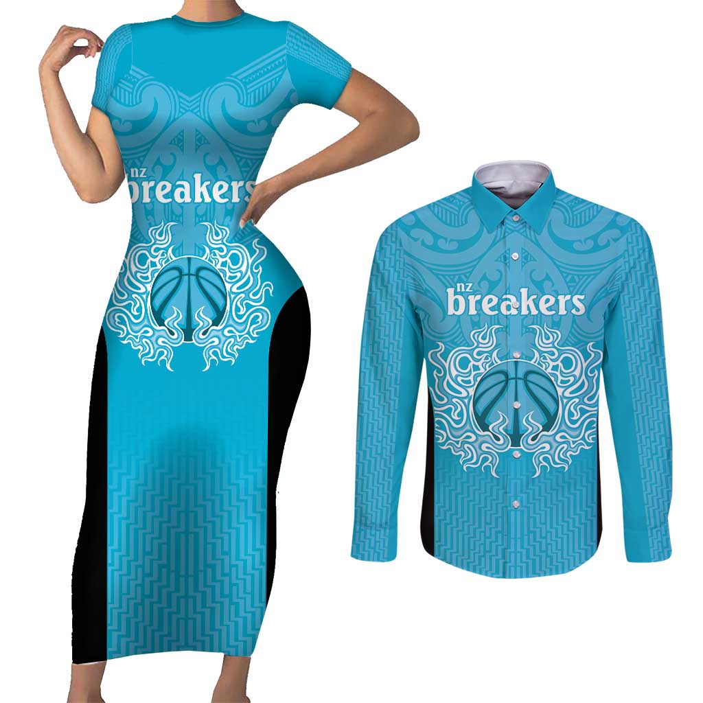 New Zealand Custom Couples Matching Short Sleeve Bodycon Dress and Long Sleeve Button Shirt Fire Basketball Maori Tribal Sky Blue - Aussie Hoodie