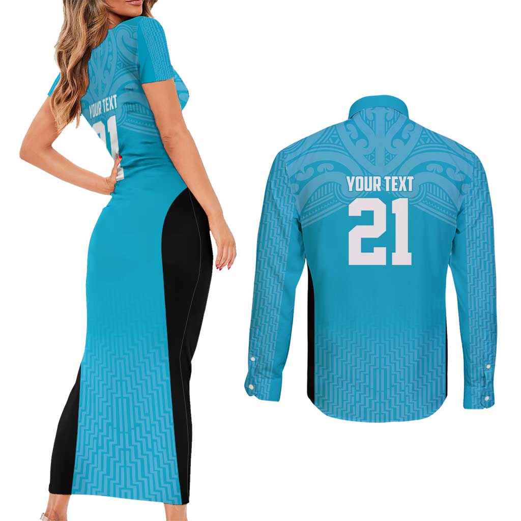 New Zealand Custom Couples Matching Short Sleeve Bodycon Dress and Long Sleeve Button Shirt Fire Basketball Maori Tribal Sky Blue - Aussie Hoodie