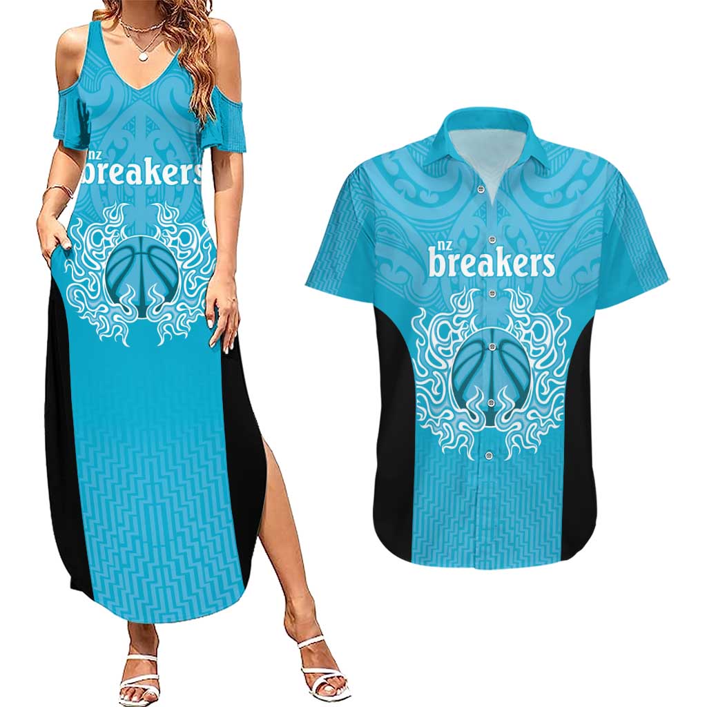 New Zealand Custom Couples Matching Summer Maxi Dress and Hawaiian Shirt Fire Basketball Maori Tribal Sky Blue - Aussie Hoodie
