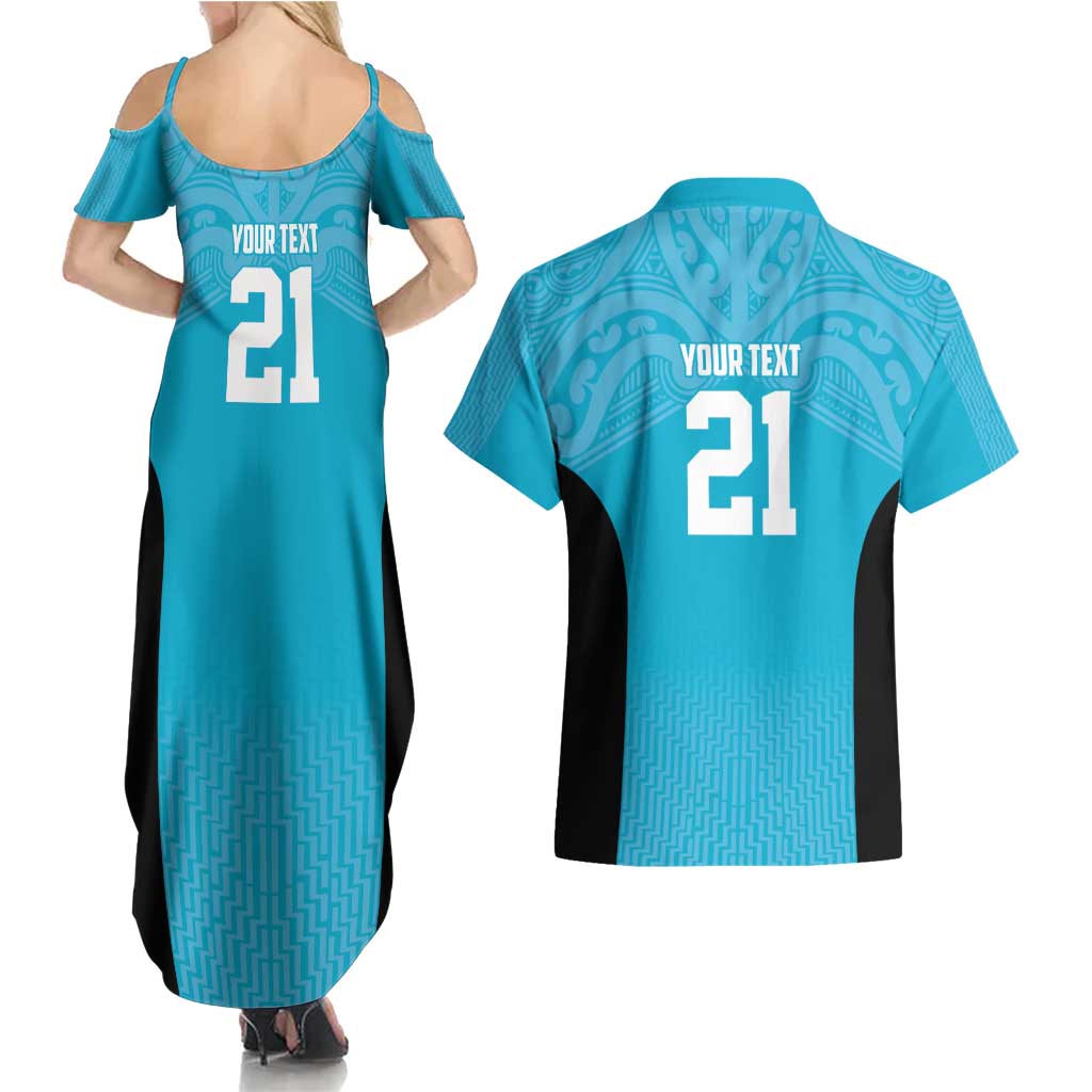 New Zealand Custom Couples Matching Summer Maxi Dress and Hawaiian Shirt Fire Basketball Maori Tribal Sky Blue - Aussie Hoodie