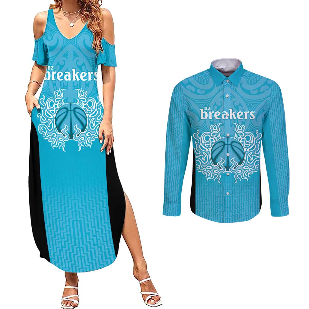 New Zealand Custom Couples Matching Summer Maxi Dress and Long Sleeve Button Shirt Fire Basketball Maori Tribal Sky Blue - Aussie Hoodie