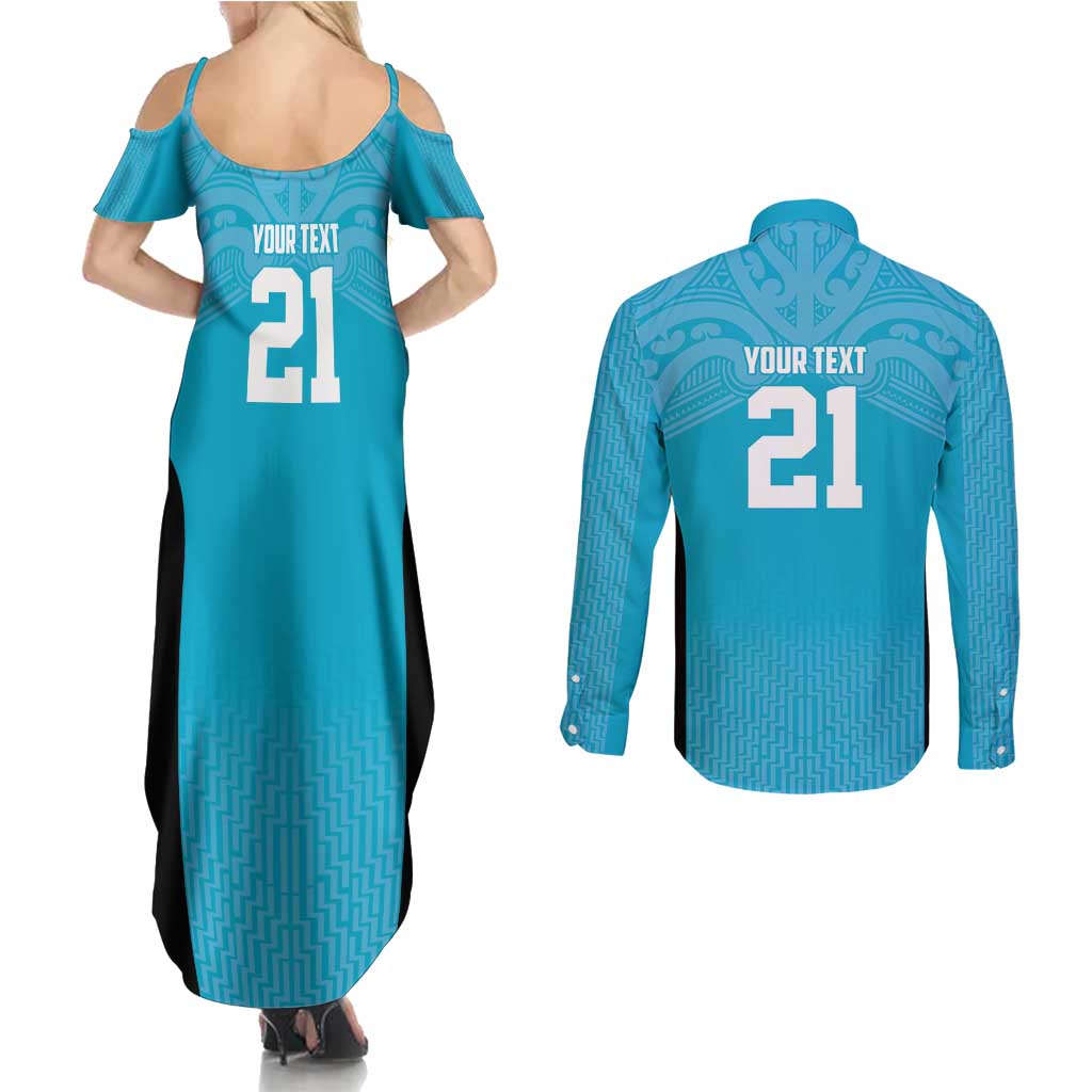 New Zealand Custom Couples Matching Summer Maxi Dress and Long Sleeve Button Shirt Fire Basketball Maori Tribal Sky Blue - Aussie Hoodie