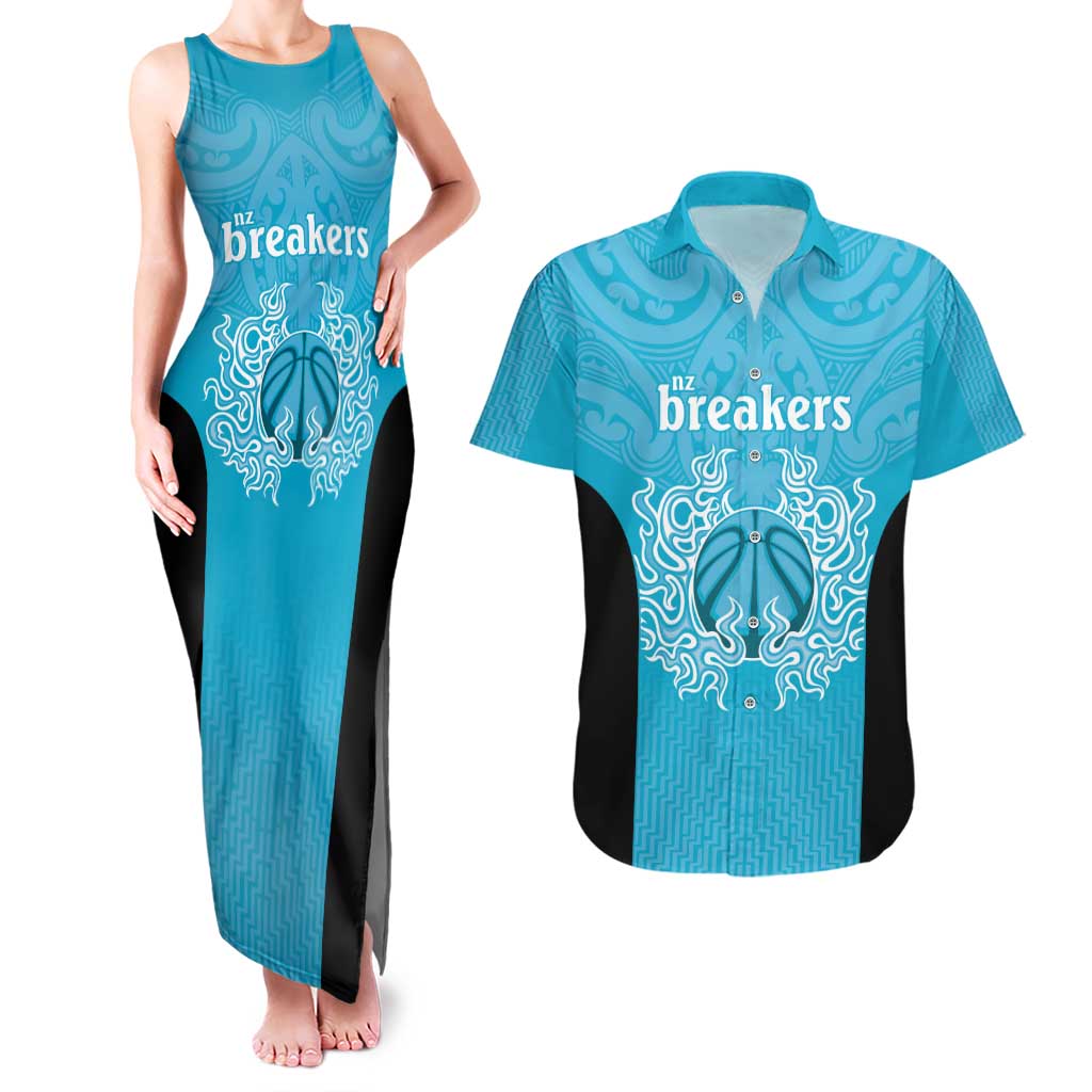 New Zealand Custom Couples Matching Tank Maxi Dress and Hawaiian Shirt Fire Basketball Maori Tribal Sky Blue - Aussie Hoodie
