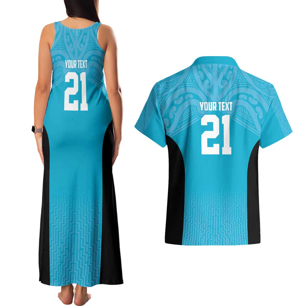 New Zealand Custom Couples Matching Tank Maxi Dress and Hawaiian Shirt Fire Basketball Maori Tribal Sky Blue - Aussie Hoodie