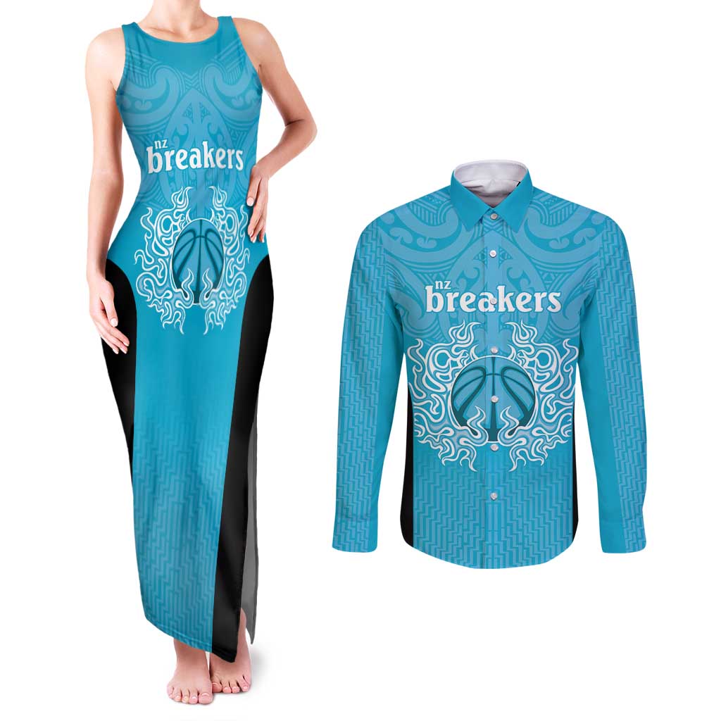 New Zealand Custom Couples Matching Tank Maxi Dress and Long Sleeve Button Shirt Fire Basketball Maori Tribal Sky Blue - Aussie Hoodie