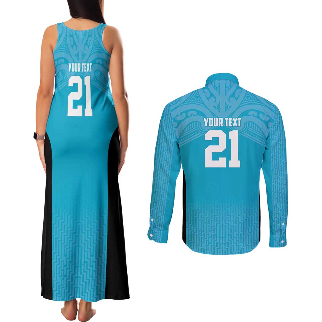 New Zealand Custom Couples Matching Tank Maxi Dress and Long Sleeve Button Shirt Fire Basketball Maori Tribal Sky Blue - Aussie Hoodie