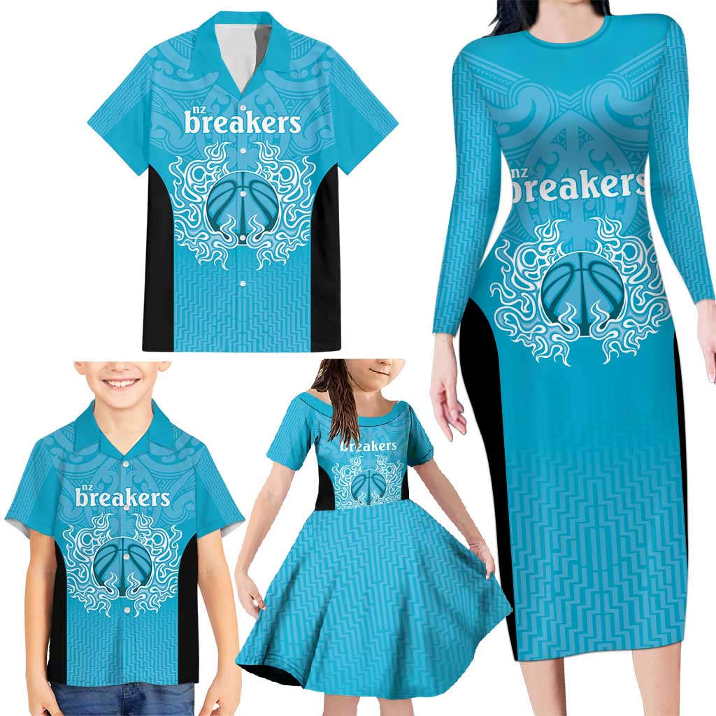 New Zealand Custom Family Matching Long Sleeve Bodycon Dress and Hawaiian Shirt Fire Basketball Maori Tribal Sky Blue - Aussie Hoodie