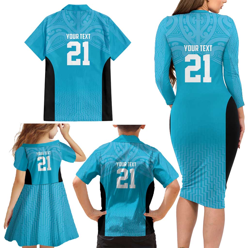 New Zealand Custom Family Matching Long Sleeve Bodycon Dress and Hawaiian Shirt Fire Basketball Maori Tribal Sky Blue - Aussie Hoodie