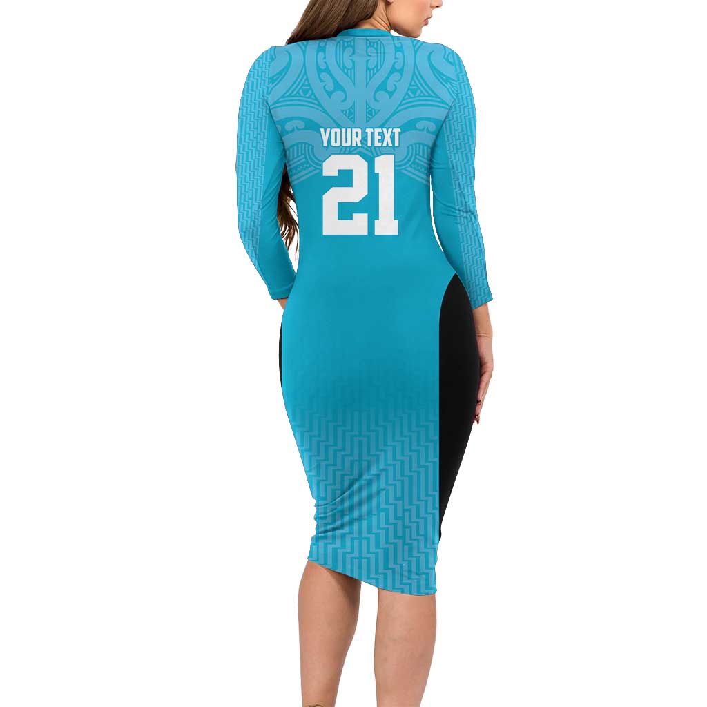 New Zealand Custom Family Matching Long Sleeve Bodycon Dress and Hawaiian Shirt Fire Basketball Maori Tribal Sky Blue - Aussie Hoodie