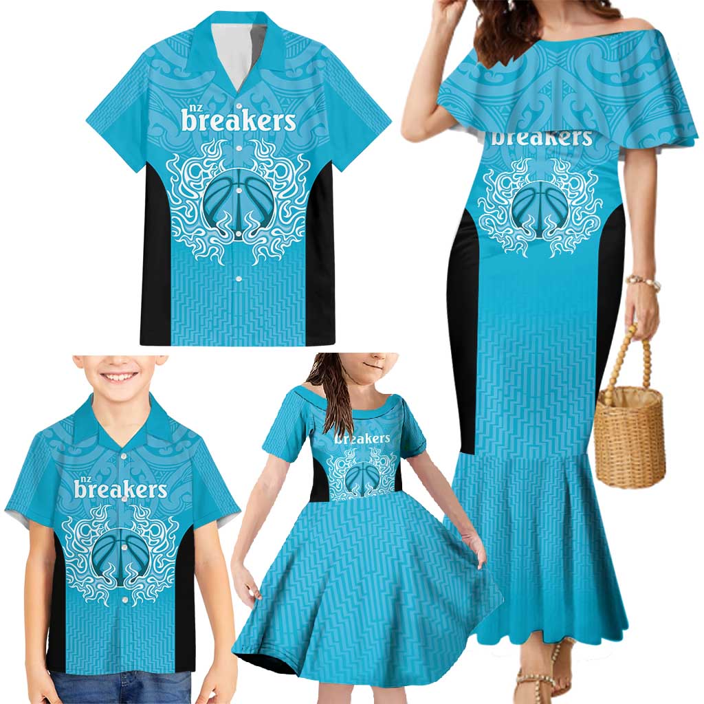 New Zealand Custom Family Matching Mermaid Dress and Hawaiian Shirt Fire Basketball Maori Tribal Sky Blue - Aussie Hoodie