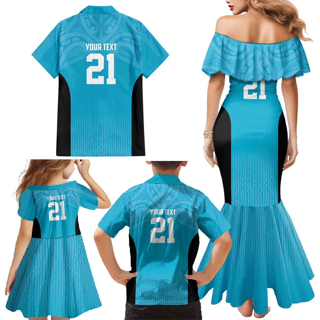 New Zealand Custom Family Matching Mermaid Dress and Hawaiian Shirt Fire Basketball Maori Tribal Sky Blue - Aussie Hoodie