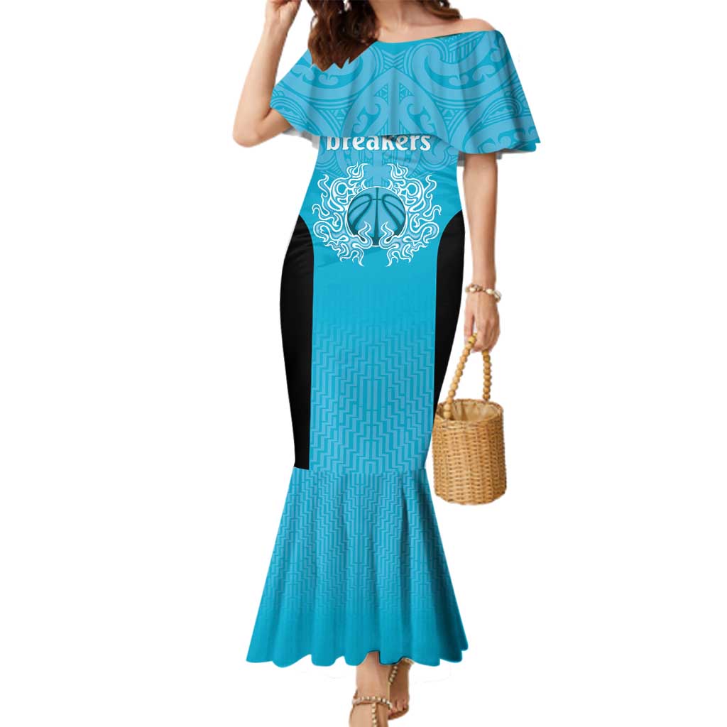 New Zealand Custom Family Matching Mermaid Dress and Hawaiian Shirt Fire Basketball Maori Tribal Sky Blue - Aussie Hoodie