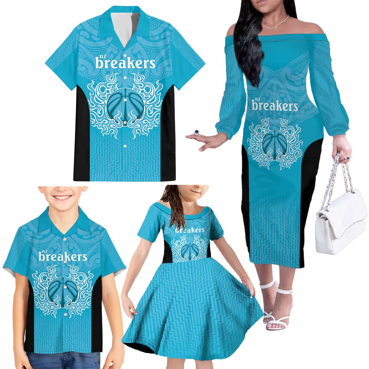 New Zealand Custom Family Matching Off The Shoulder Long Sleeve Dress and Hawaiian Shirt Fire Basketball Maori Tribal Sky Blue - Aussie Hoodie