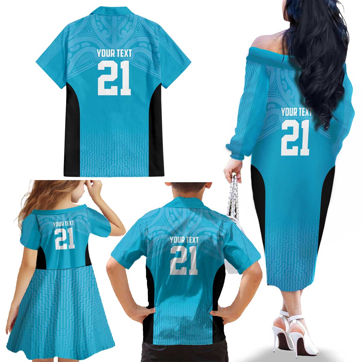 New Zealand Custom Family Matching Off The Shoulder Long Sleeve Dress and Hawaiian Shirt Fire Basketball Maori Tribal Sky Blue - Aussie Hoodie
