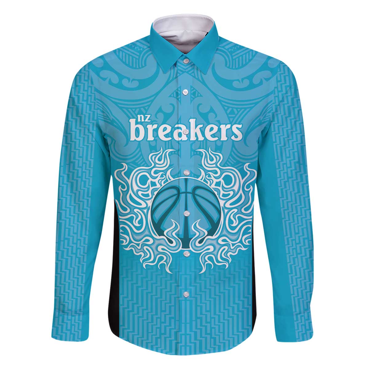 New Zealand Custom Family Matching Off The Shoulder Long Sleeve Dress and Hawaiian Shirt Fire Basketball Maori Tribal Sky Blue - Aussie Hoodie