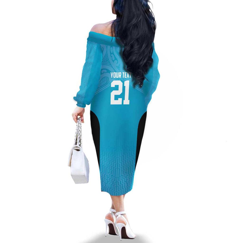 New Zealand Custom Family Matching Off The Shoulder Long Sleeve Dress and Hawaiian Shirt Fire Basketball Maori Tribal Sky Blue - Aussie Hoodie