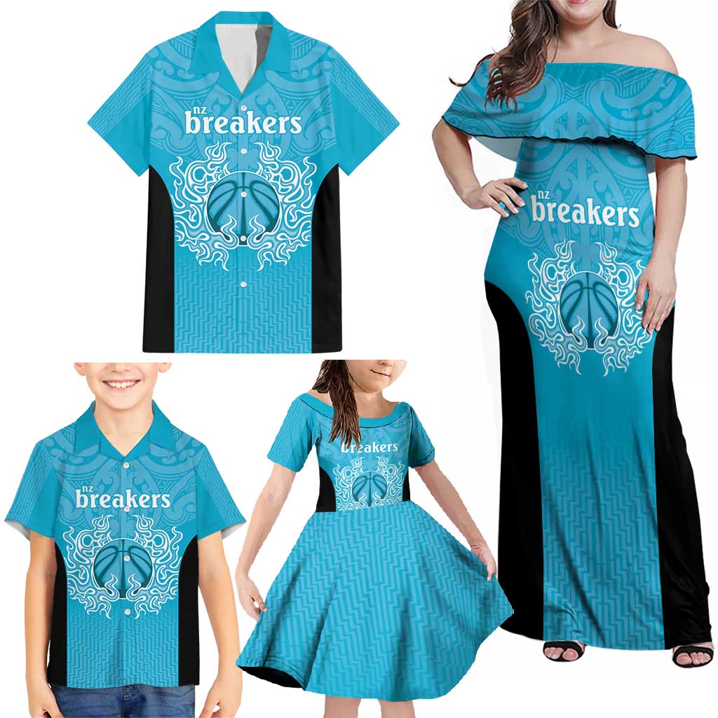 New Zealand Custom Family Matching Off Shoulder Maxi Dress and Hawaiian Shirt Fire Basketball Maori Tribal Sky Blue - Aussie Hoodie