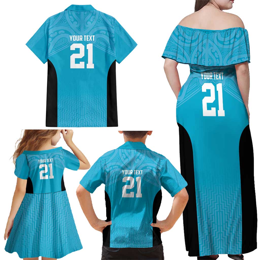 New Zealand Custom Family Matching Off Shoulder Maxi Dress and Hawaiian Shirt Fire Basketball Maori Tribal Sky Blue - Aussie Hoodie